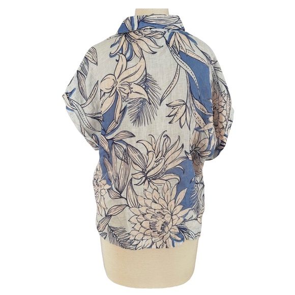 H HALSTON Linen Floral Shirt Top Size L Button-Up Short Sleeve Blue White - Picture 2 of 8